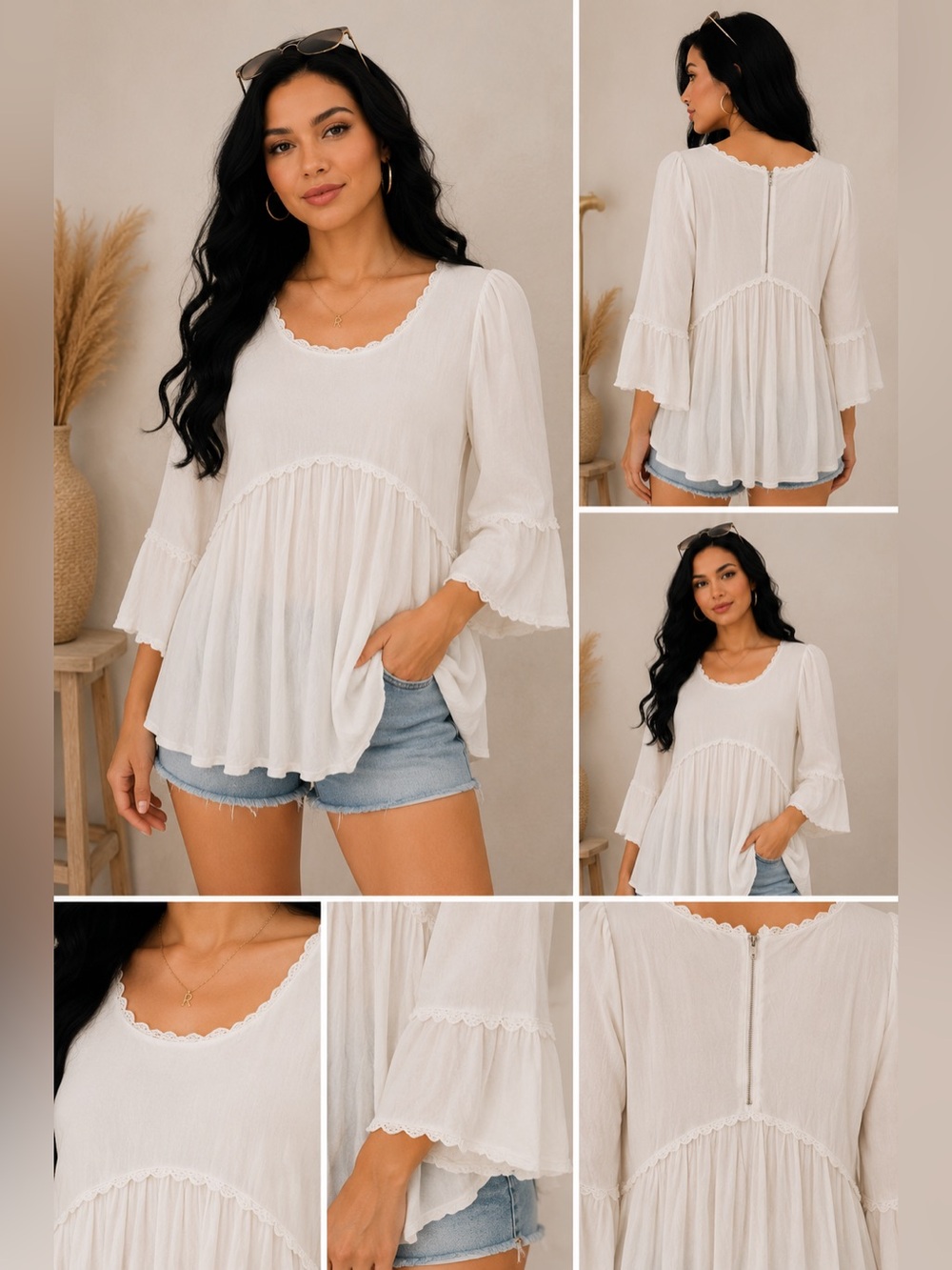 POL White Babydoll Tunic Top | Bell Sleeve Boho Blouse | Size Small